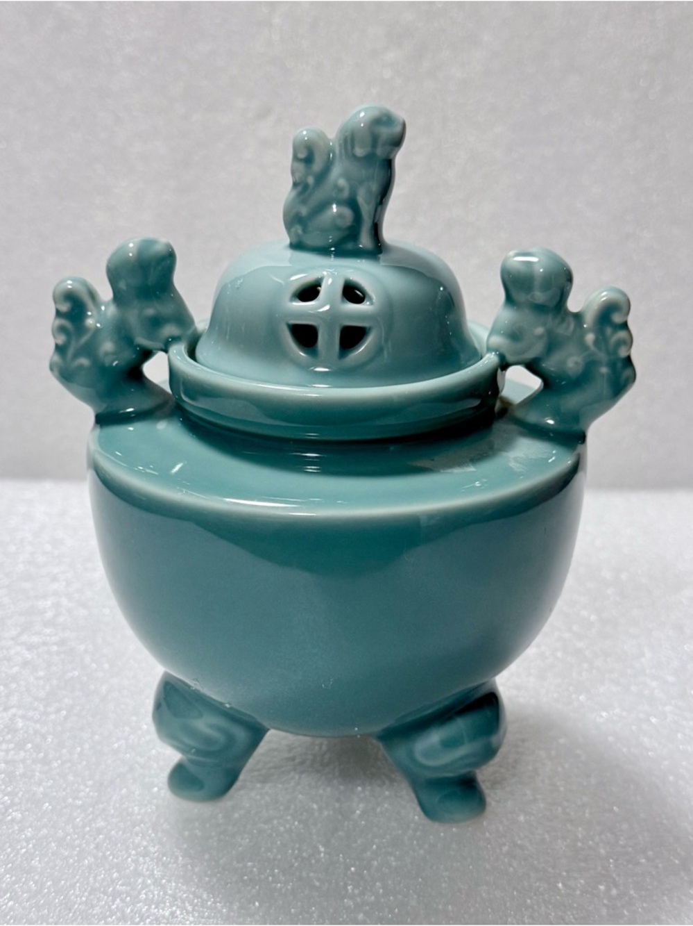 Celadon Ceramic Incense Burner Tripod Foo Dog Lion Censer MCI Japan